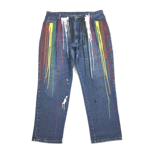 Vintage Wranglers Hand Painted Drip Paint Tapered Leg Jeans Size 20x32 Rainbow